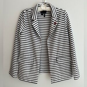 FDJ Striped Unstructured Blazer Open Front Lapels Flap Pockets Nautical Career